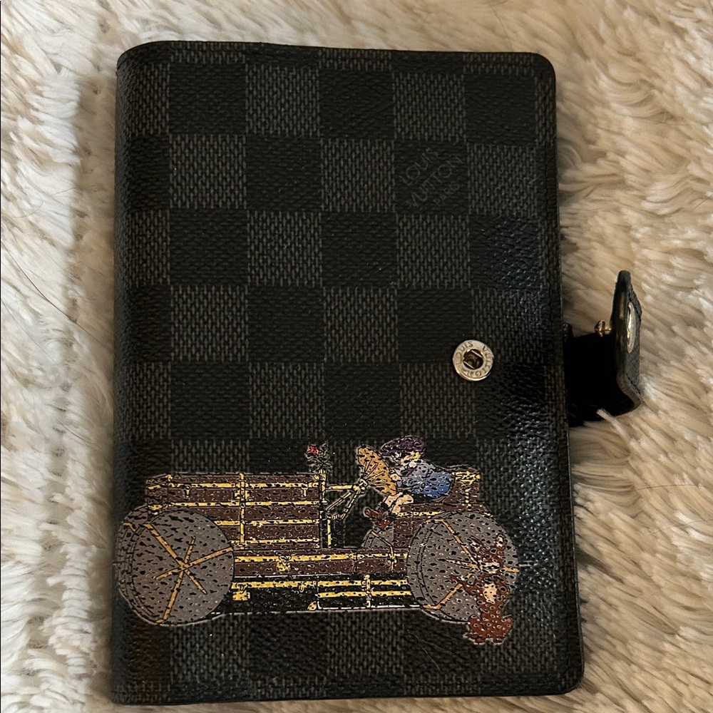 Authentic Louis Vuitton Black Checkered Agenda with Vintage Car Design